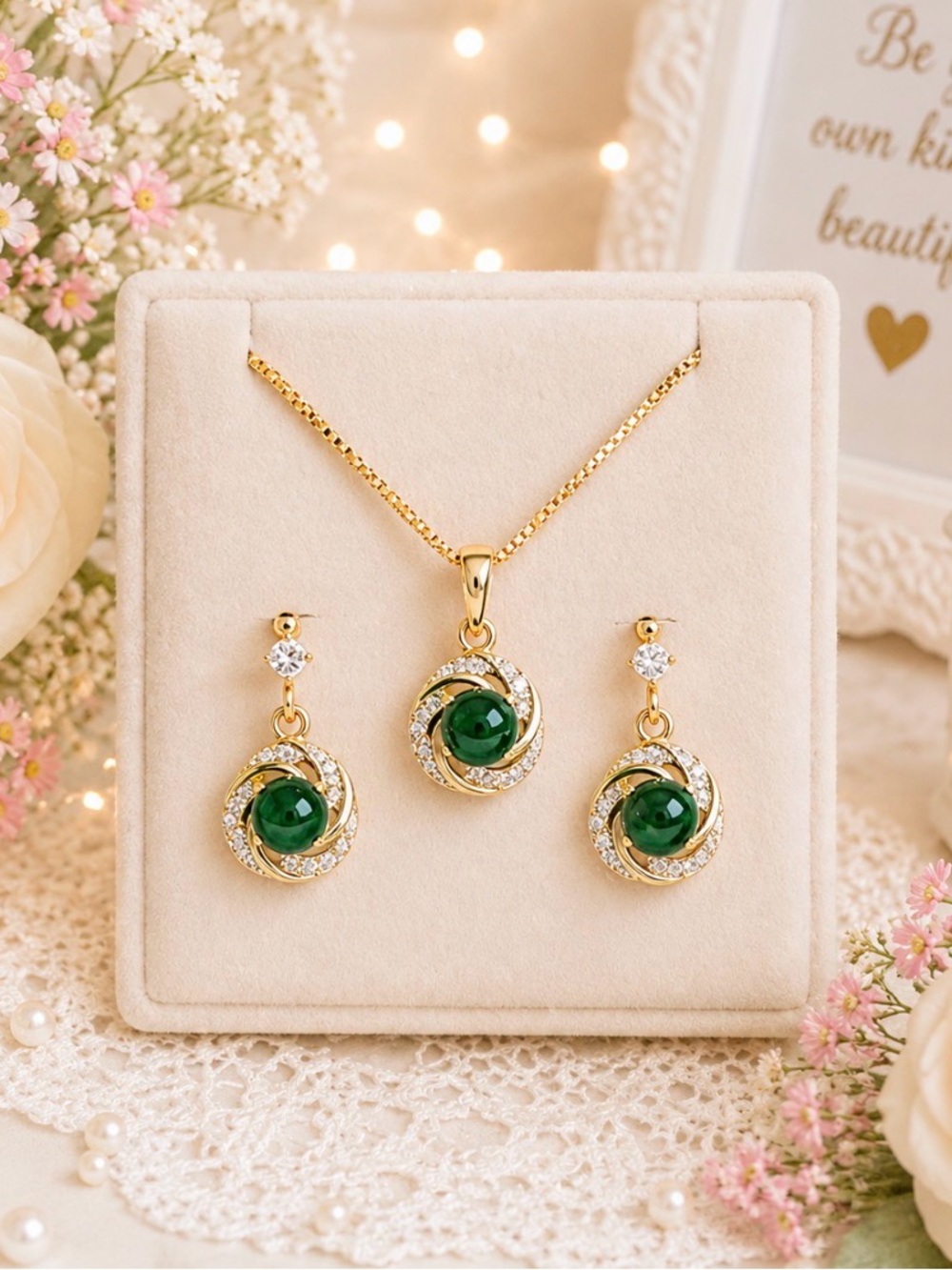 Gold-Tone Green Stone Center Pendant Necklace & Earrings Set-NWOT